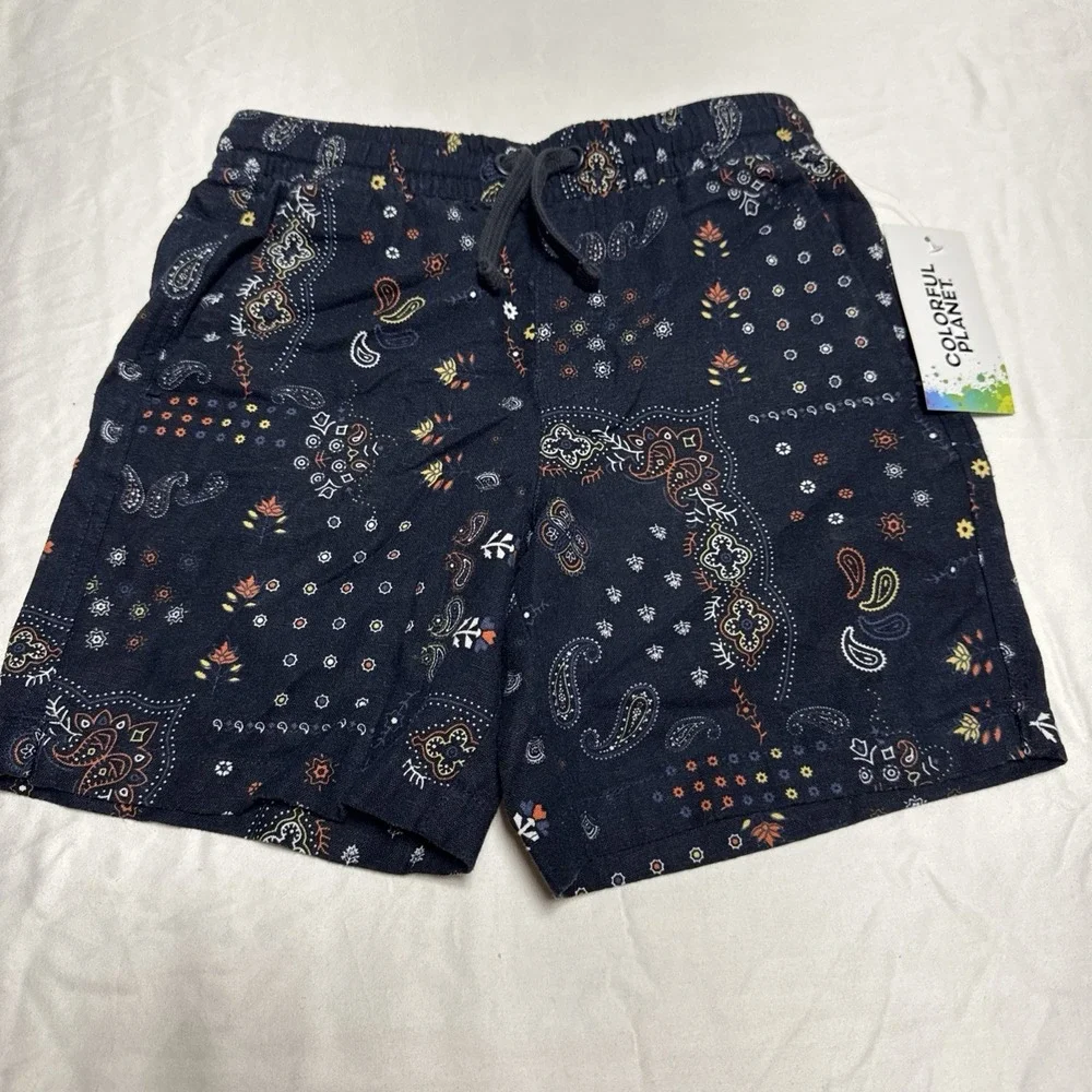 Colorful Planet Boys Linen Shorts Blue W/Fun Pattern 6/7